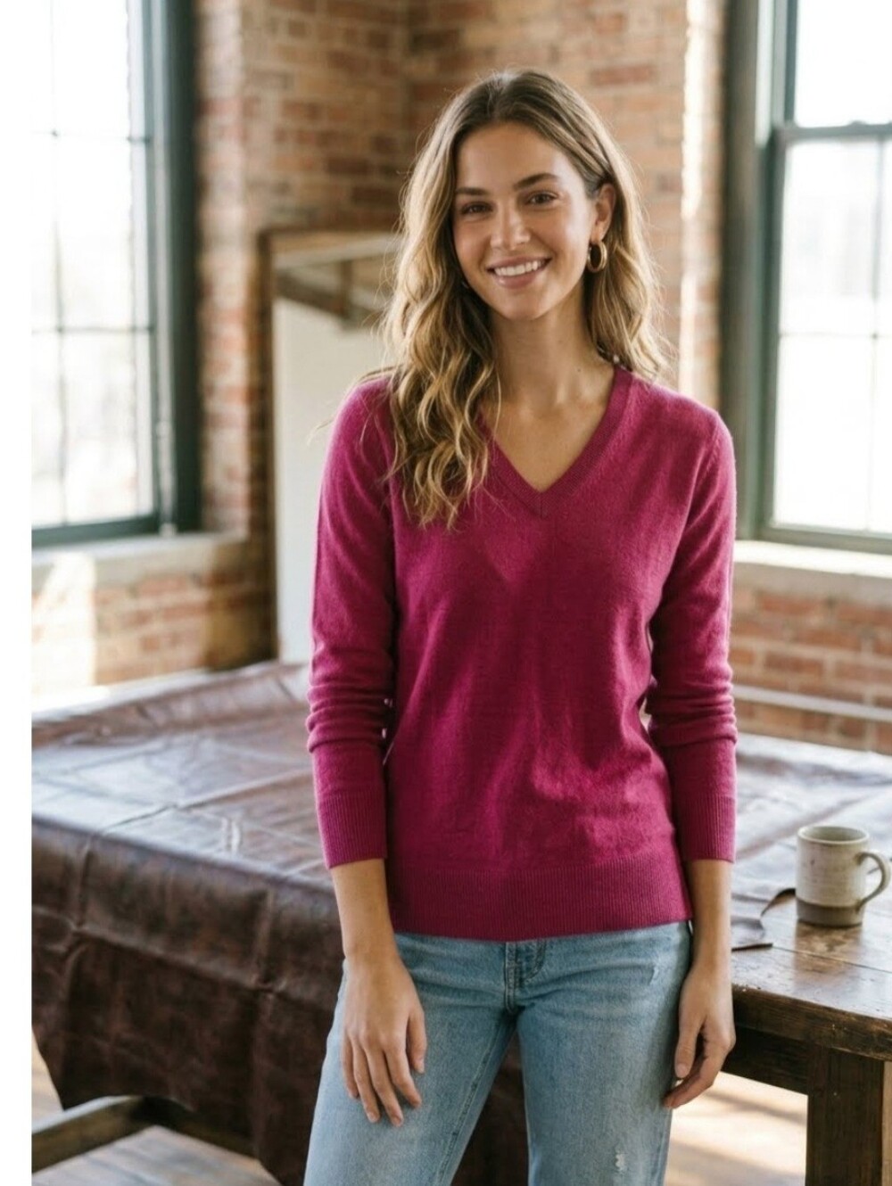 B1 Magenta Deep Pink Sweater Katherine Barclay Sz L Merino Wool